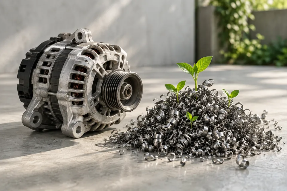 Alternador usado junto a un montón de virutas metálicas del que brotan plantas verdes