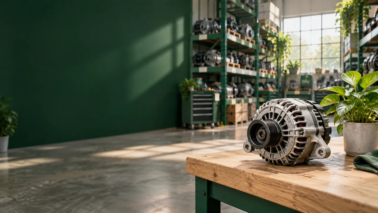Alternador usado sobre un banco de trabajo de madera, con estanterías de recambios al fondo