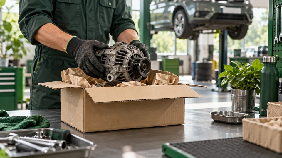 Mecánico con guantes sacando un alternador usado de su caja en un taller